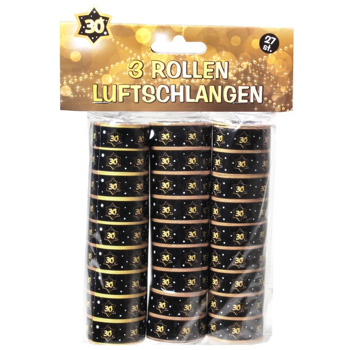 3 Luftschlangen 30. Geburtstag - schwarz/ gold