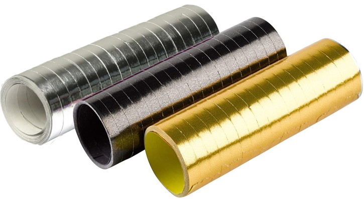 3 Rollen Luftschlangen - Metallic-Gold-Silber-Schwarz
