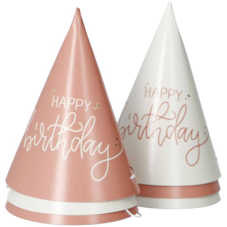 6 Partyhütchen Happy Birthday Creme Rosé
