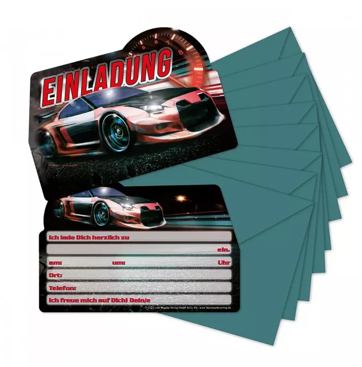 8 Stanzkarten - Einladungen + Umschläge Auto