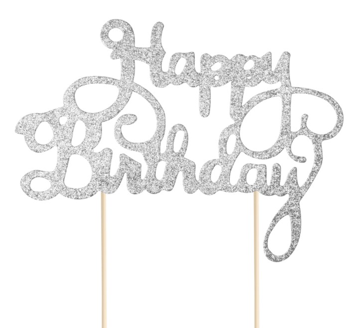 Cake Topper Happy Birthday - Silber Glitter