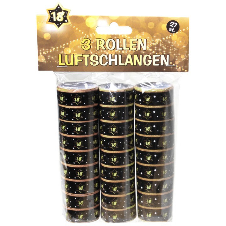 3 Luftschlangen 18. Geburtstag - schwarz/ gold