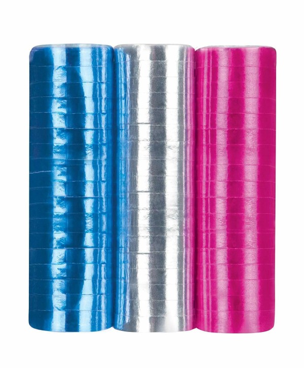 3 Rollen Luftschlangen - Metallic-Blau-Pink-Silber