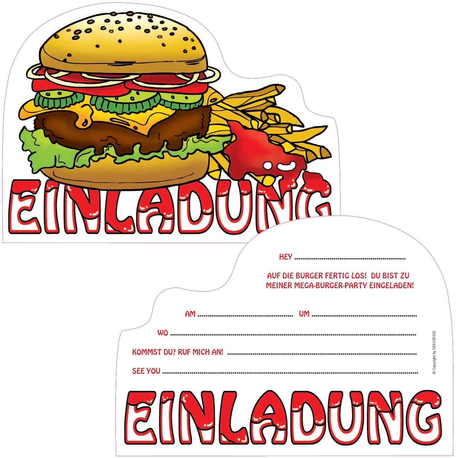 6 Einladungskarten Burger Party