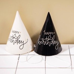 6 Partyhütchen Happy Birthday Creme Schwarz