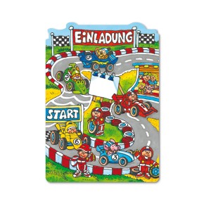 8 Stanzkarten - Einladungen + Umschläge Rennautos
